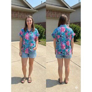 Vintage 80s Connections Floral Button Up Shirt 100% Cotton Short Sleeve